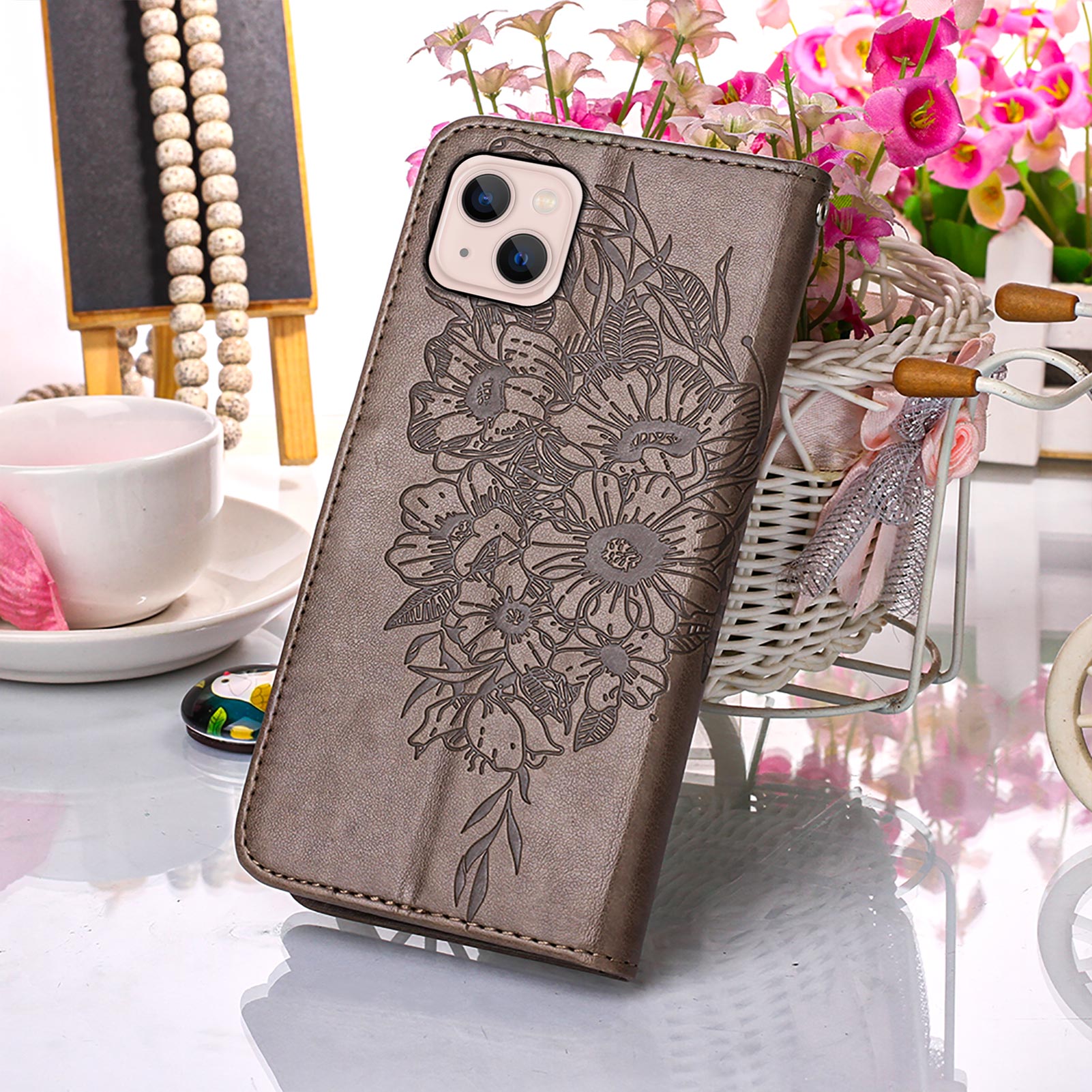 YB Imprinting Series-4 For iPhone 15 Plus Wallet Butterfly Flower Imprinted Cover PU Leather Stand Phone Case with Hand Strap - Grey YB Imprinting Series-4 For iPhone 15 Plus Wallet Butterfly Flower Imprinted Cover PU Leather Stand Phone Case with Hand Strap - Grey